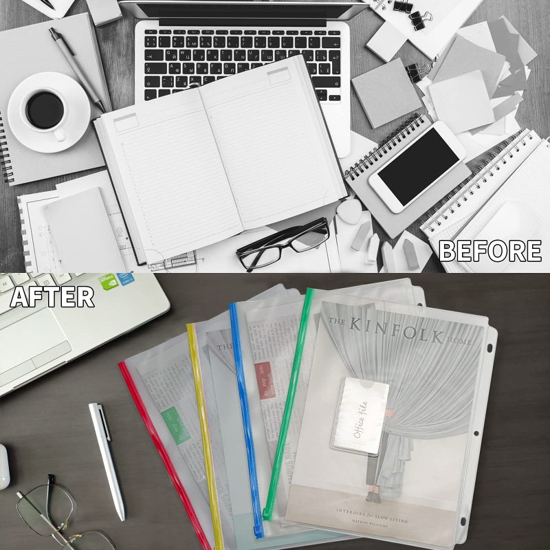YoeeJob 8 Packs 3-Hole Clear Zipper Binder Pockets  Binder Insert Pages with Card Slots Suitable for School or Office to Organize Document  Assorted Color Zippers - Image 4